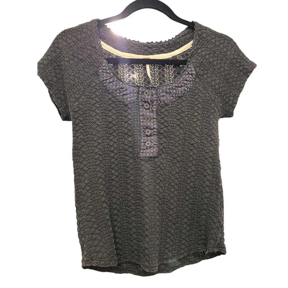 Free People Women's Henley Knit Short Sleeve Top in Black